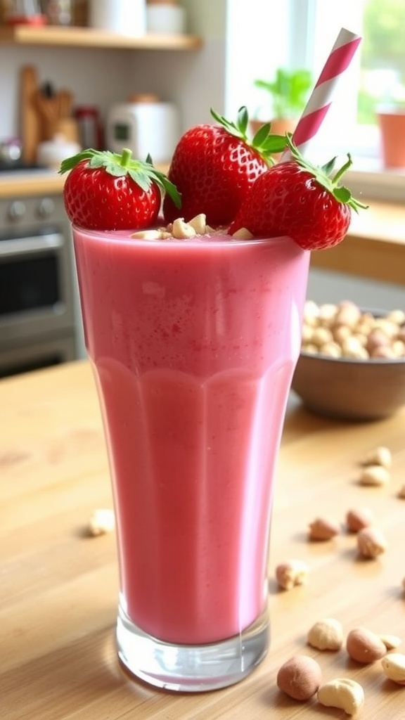 A refreshing strawberry hazelnut smoothie in a glass, topped with strawberries and hazelnuts, on a wooden table.